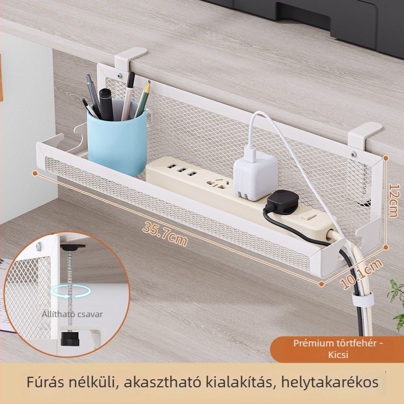 Íróasztali kábelkezelő polc és tárolókosár, fúrás nélküli szervező, asztali tároló