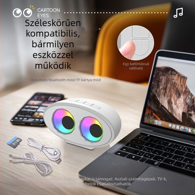 Bluetooth hangszóró rajzfilmszemekkel, fehér zaj, RGB világítás, ambient hangzás – kreatív ajándék