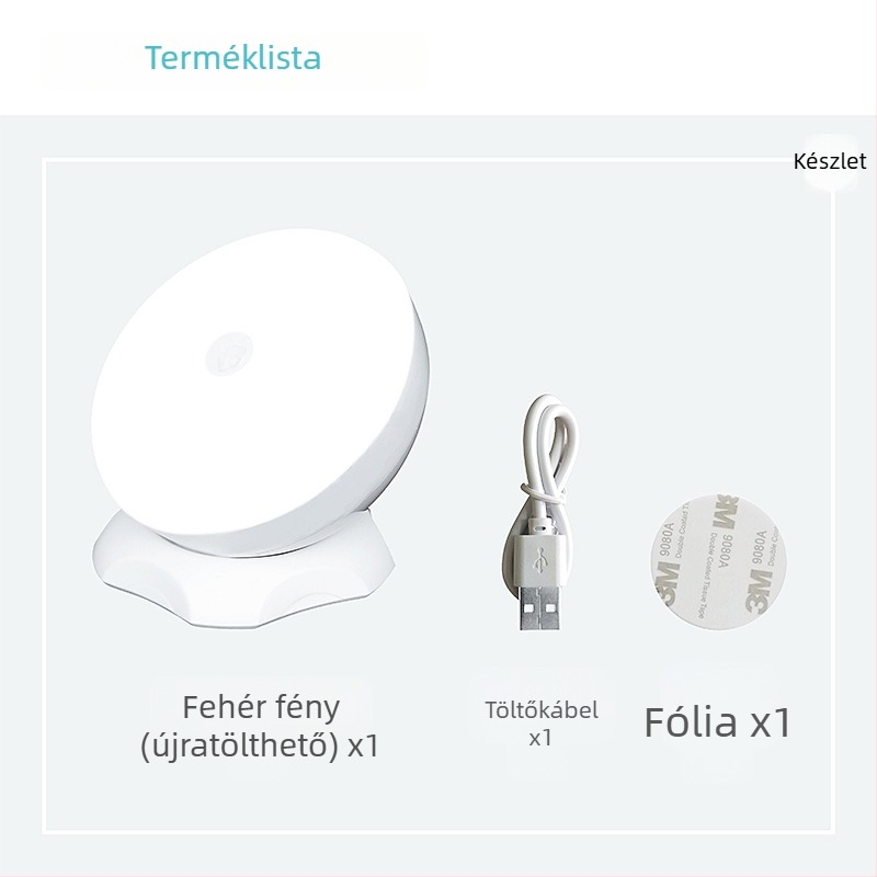 LED éjjeli lámpa mozgásérzékelővel, újratölthető, 360°-os forgású, szekrényekhez és folyosókhoz