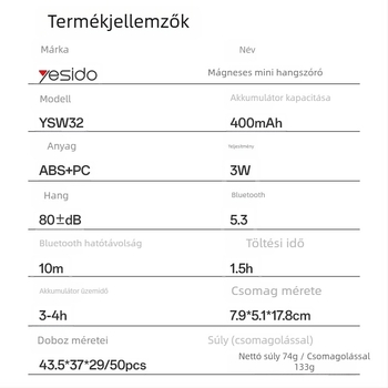 Yesido Bluetooth hangszóró, hordozható, mini környezeti fény, mágneses dizájn