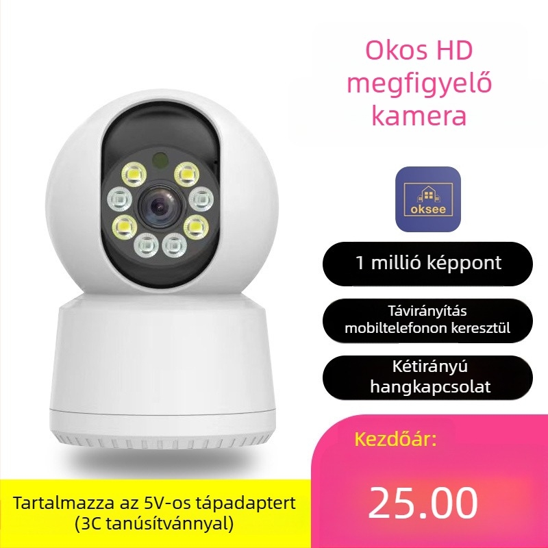 Kétlencsés kamera, dupla kijelzős monitor, távvezérlés okostelefonról, vezeték nélküli Wi‑Fi, beltéri panoráma
