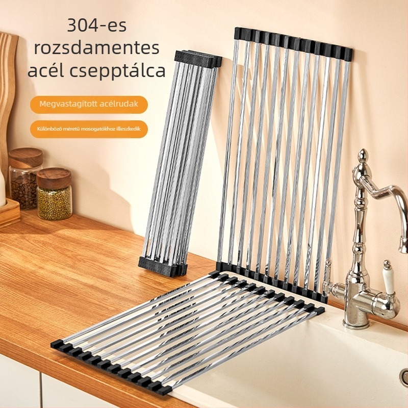 304 rozsdamentes acél mosogató állvány, mosogatórész leeresztő kosárral, összecsukható tároló