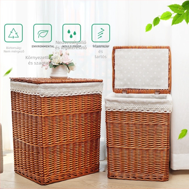 Nagy, fűzfa fonatból készült mosókosár textil béléssel, otthoni és hotel használatra