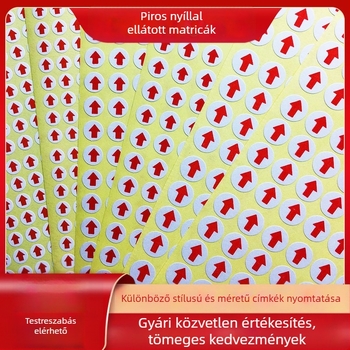 Körkörös piros nyíl öntapadós címke hibás termékek és rework jelöléséhez