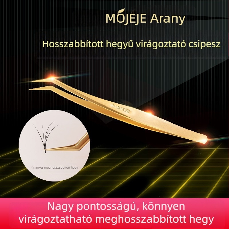 Szempilla-hosszabbító csipeszek készlet arany tollas klipszekkel, delfin alakú klip és arany kamélia virág klip