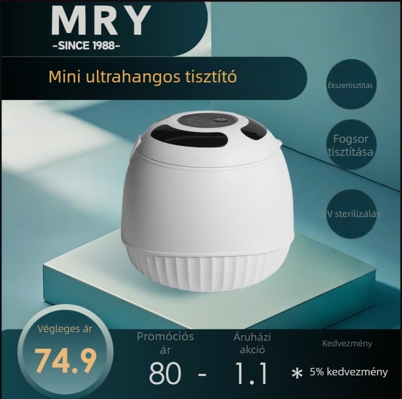 MRY ultrahangos tisztító, kompakt otthoni használatra, protézék és ékszerek tisztítására, 300 ml, 25 W, 45 kHz