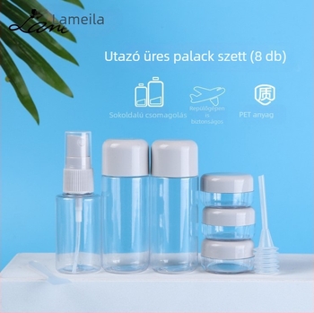 Lamella utazási kozmetikai készlet, 8 darabos: permetező üvegek, osztott üvegek, krémtégely és spatula a tároló táskában LA1077