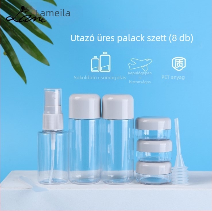Lamella utazási kozmetikai készlet, 8 darabos: permetező üvegek, osztott üvegek, krémtégely és spatula a tároló táskában LA1077