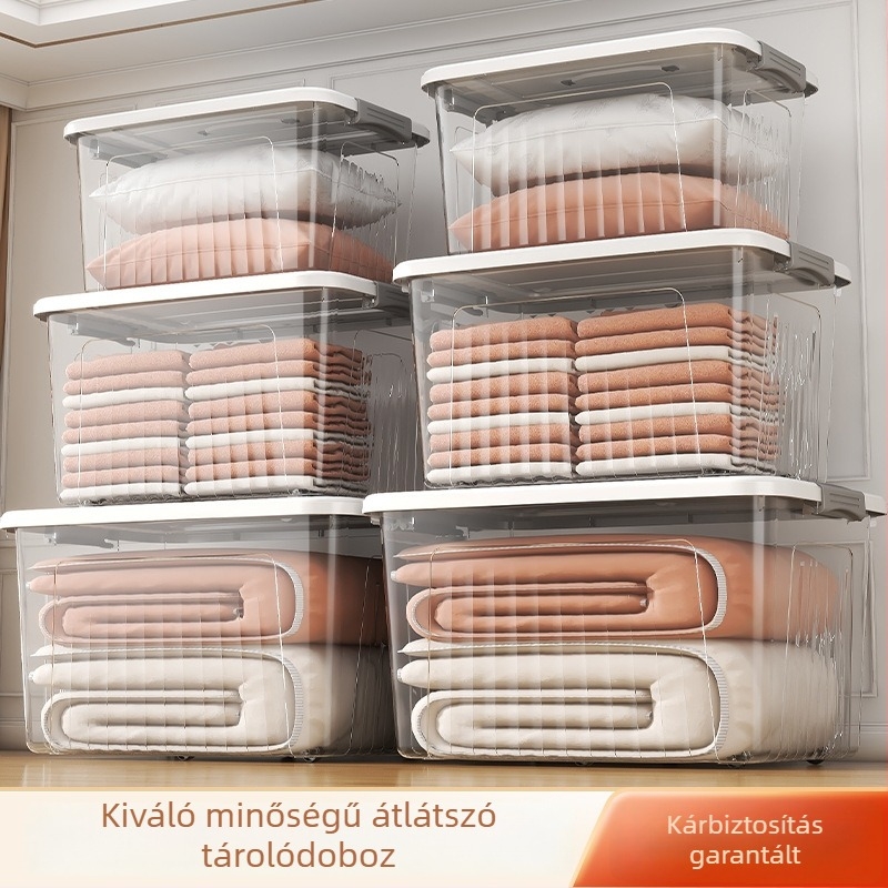 Átlátszó ruhatároló doboz ruhákhoz és játékokhoz, nagy kapacitású, görgőkkel, PP műanyagból