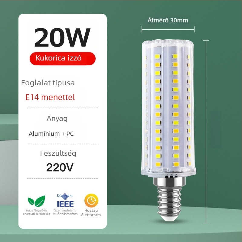Szemvédő LED kukorica lámpa, rezzenésmentes, energiatakarékos, E27-es foglalattal, nappalira, 2000 lm, 360° fénysugár, 3000-4000-6500K