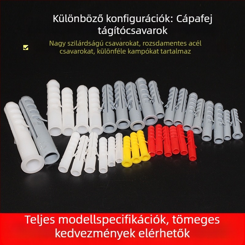 Műanyag expanziós csövek és nylon expanziós dugók csavarokkal, méretei 6×30, 8×40, 10×50, 12×60, 14×75.