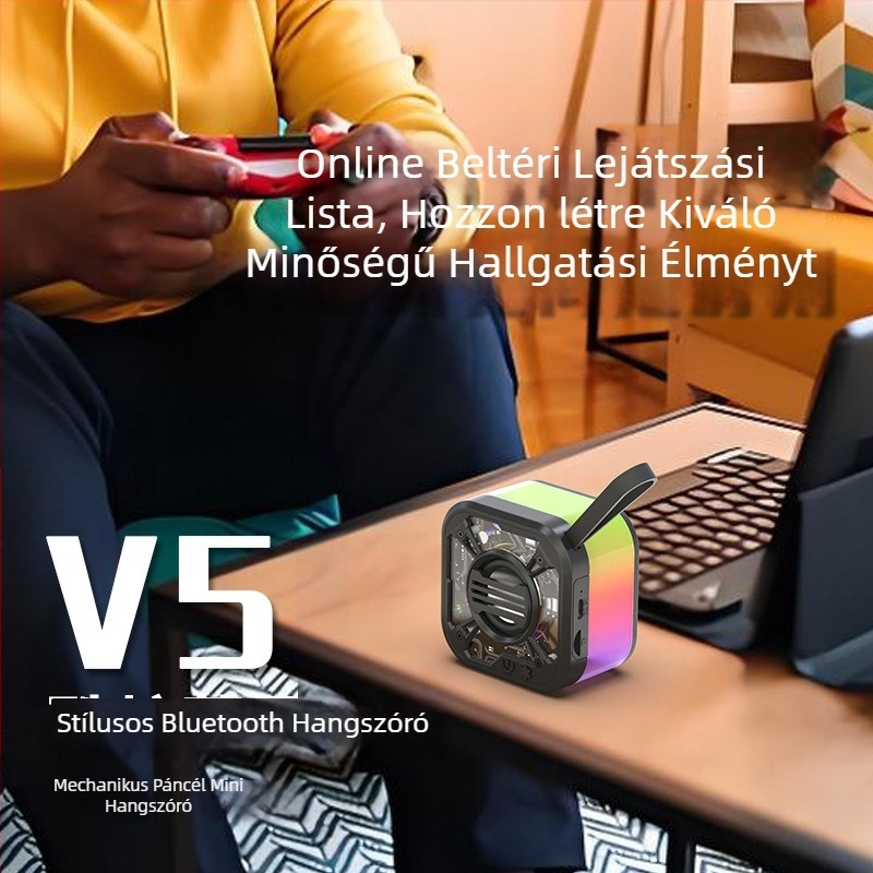 2025-ös új hordozható vezeték nélküli Bluetooth hangszóró átlátszó színes fényekkel és mecha dizájnnal, támogatja a TWS-t és TF-kártyát