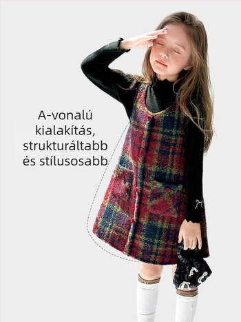 Lányok téli gyapjúhatású mellényruha, hercegnő stílus, 2026, kockás mintával, 3–8 éveseknek