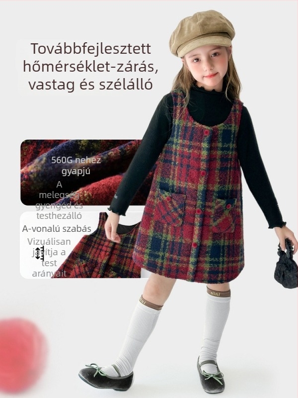Lányok téli gyapjúhatású mellényruha, hercegnő stílus, 2026, kockás mintával, 3–8 éveseknek