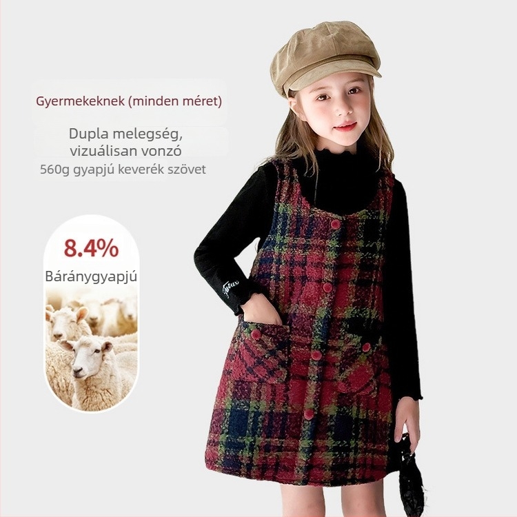 Lányok téli gyapjúhatású mellényruha, hercegnő stílus, 2026, kockás mintával, 3–8 éveseknek