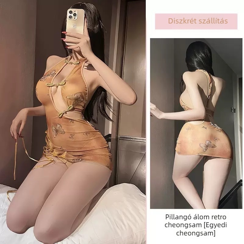 Sexy retro Cheongsam kivágott dizájnnal és pillangó mintával, csípőre simuló hálóing, átlátszó hátsó rész, rendkívül csábító