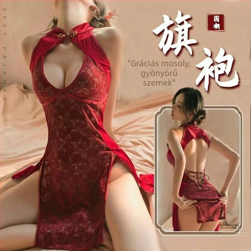 Pluszméretű szexi cheongsam hálóing, nyitott dekoltázsú