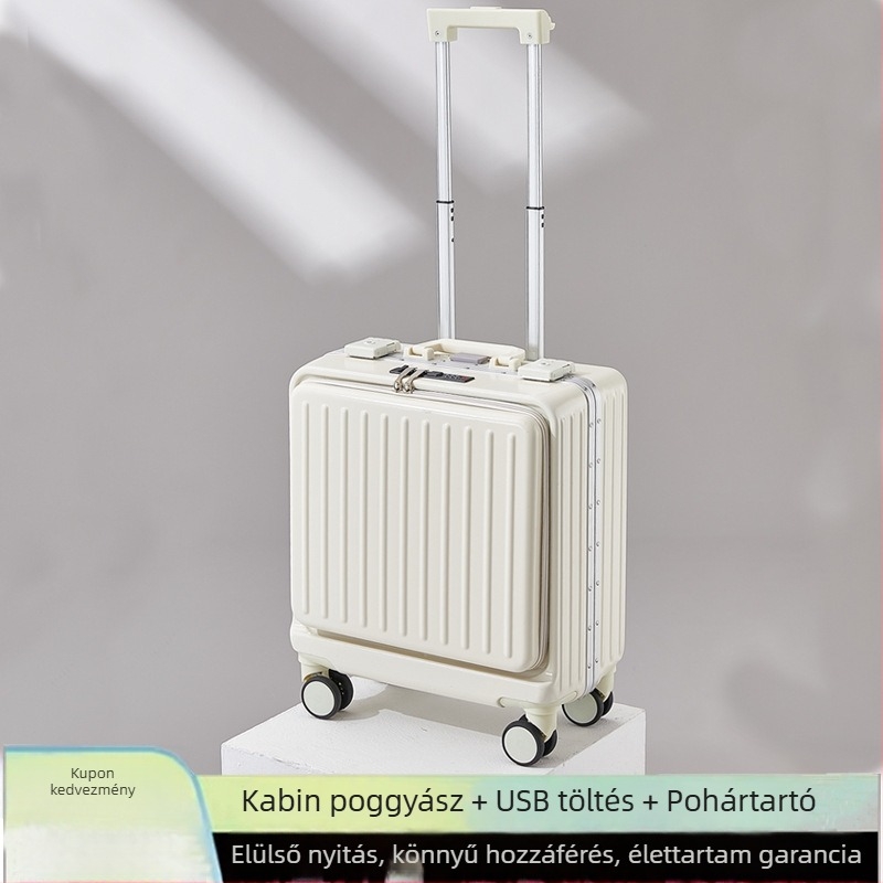 Elöl nyíló alumínium vázú kézipoggyász, 18 hüvelyk, univerzális kerekek, tartós