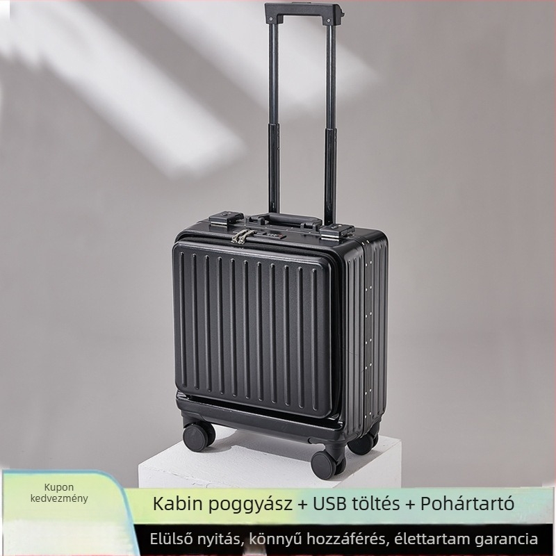 Elöl nyíló alumínium vázú kézipoggyász, 18 hüvelyk, univerzális kerekek, tartós