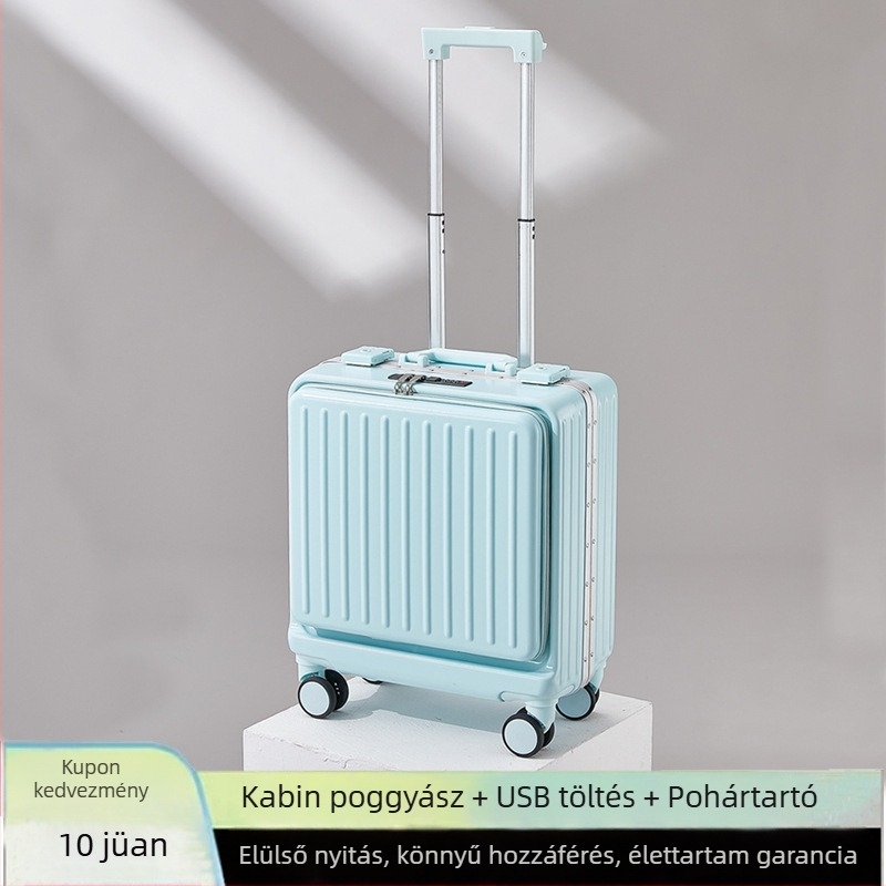 Elöl nyíló alumínium vázú kézipoggyász, 18 hüvelyk, univerzális kerekek, tartós