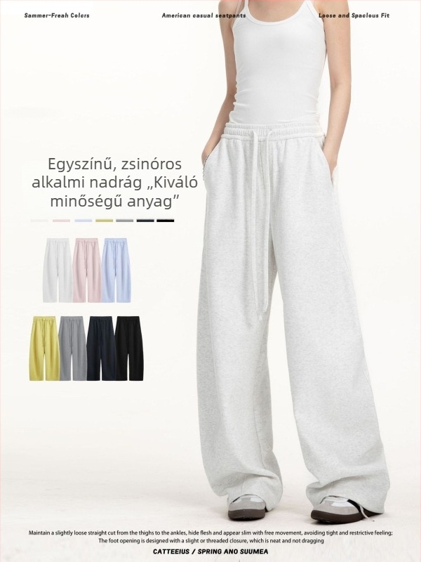 CATTEEIUS Egyetemi-stílusú, egyszínű nadrág görbült szegéllyel és fleece belsővel, uniszex, téli, laza, széles szárú
