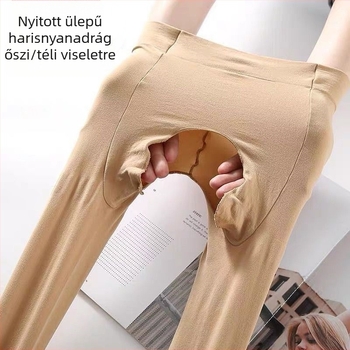 Nud színű női harisnyanadrág nyitott ágyékkal, ősz-tél, közepes vastagság, plusz méret, anti-akadódás, fleece bélés