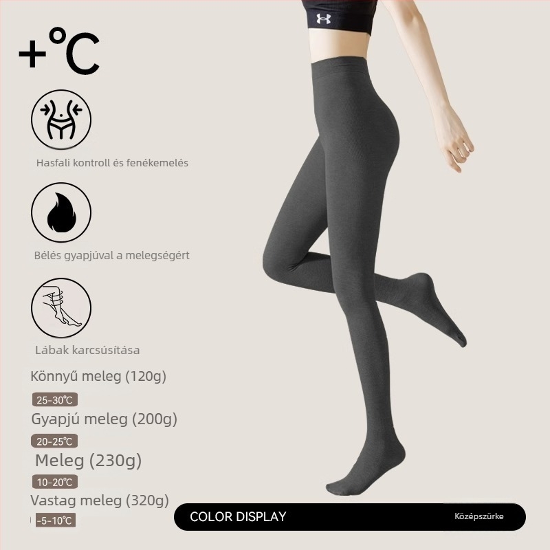 Női termikus leggings fleece béléssel az őszi–téli időszakra, vastag, hasformázó és csípőemelő hatással, lábfejes harisnyák