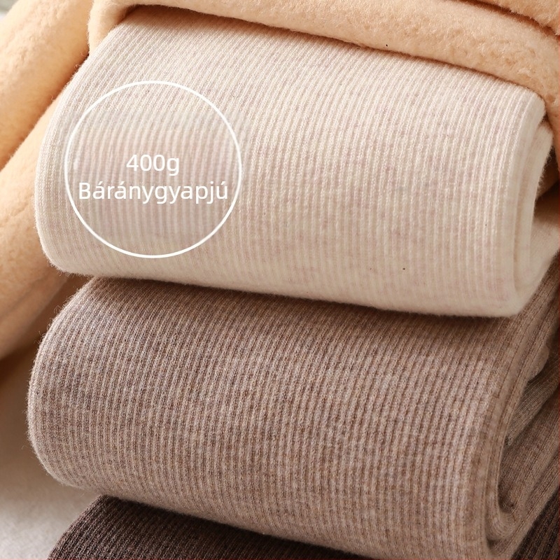 Női fleece-béléses leggings ősz-télre, zab színű, függőleges csíkokkal és bordázott mintázattal
