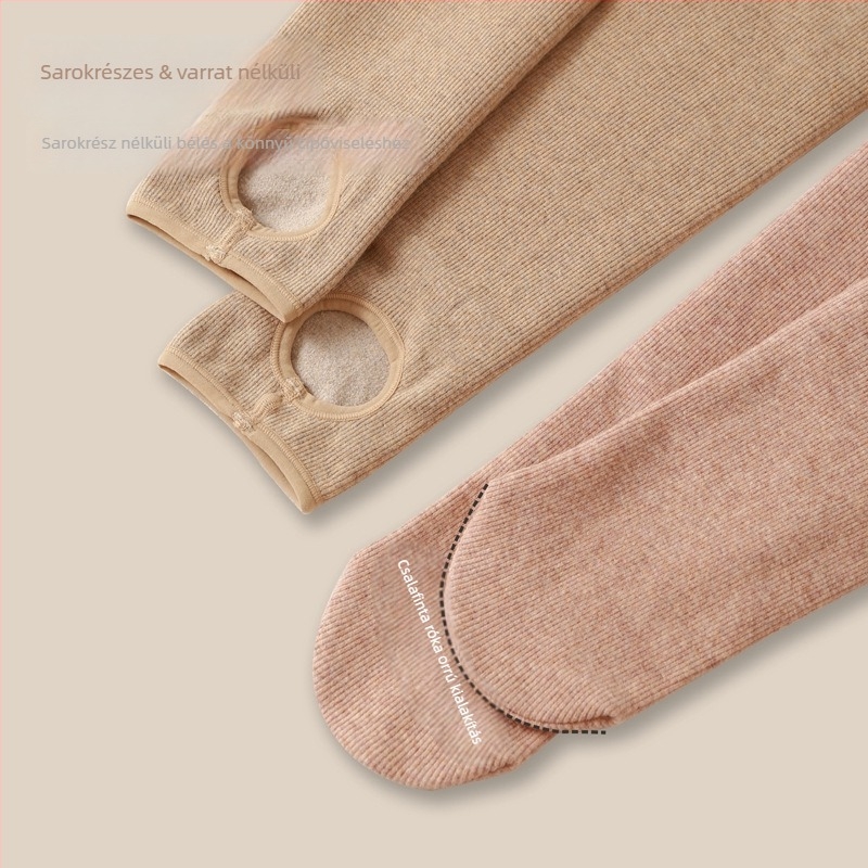 Női fleece-béléses leggings ősz-télre, zab színű, függőleges csíkokkal és bordázott mintázattal