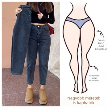 Női farmernadrág fleece béléssel, körtés alak, harém szabás, magas derekú, plusz méret