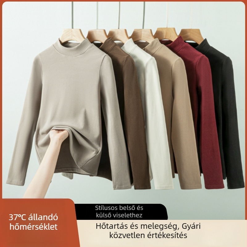 Női félmagas galléros alapszintű termo felső, téli bolyhos belső réteg, uniszex, hosszú ujjú, plusz méret