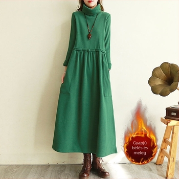 Női kötött ruha fleece-béléssel, vastag, vintage stílus, ősz-tél időszakra, laza szabás, midi hossz