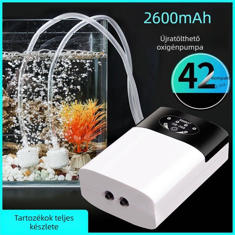 Halak oxigénellátó pumpa Li-akkumulátorral, USB/AC-DC töltéssel, kompakt, hordozható, rendkívül csendes