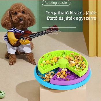 Lassú etető tál háziállatok számára forgó rejtvény etetővel, fulladás elleni védelemmel, macskáknak és kutyáknak