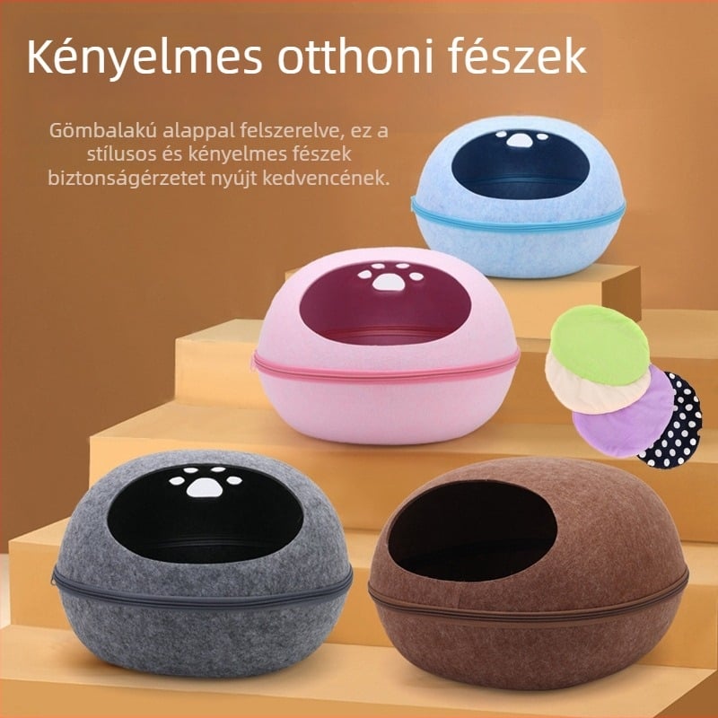 Oval macskafészek filcből, tágas belső tér, lélegző, karcolás- és kopásálló, félig zárt macska- és kutyafészek