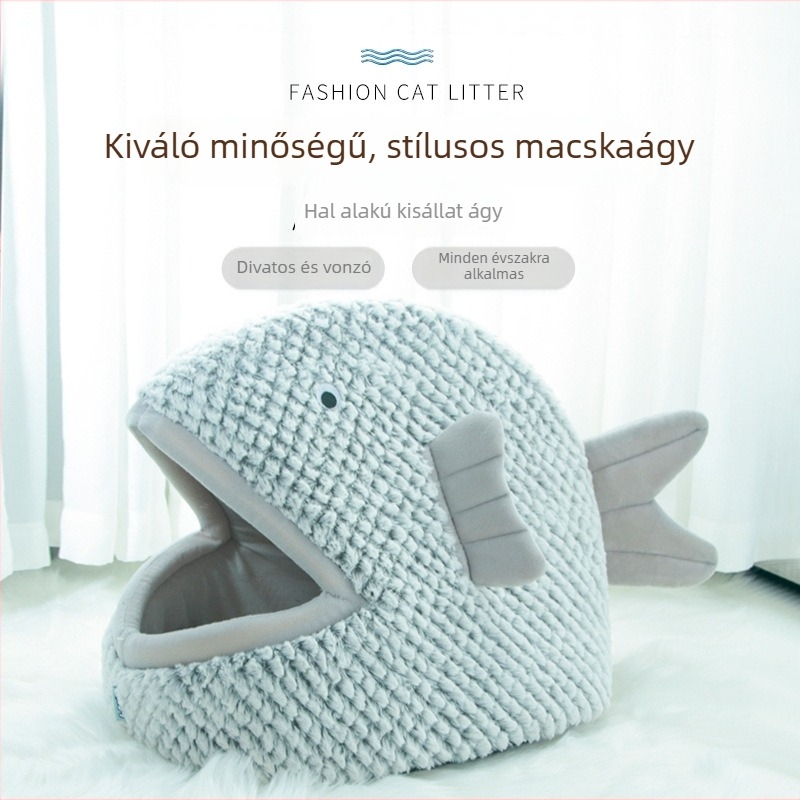 Hal formájú, félig zárt macskafészek velúr anyaggal, négy évszakos kisállatágy kis méretű kutyáknak és macskáknak
