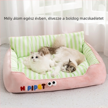 Macska- és kutyafészek kontrasztos csíkokkal, négyzet alakú, egész éves használatra, kis- és közepes méretű macskáknak és kutyáknak