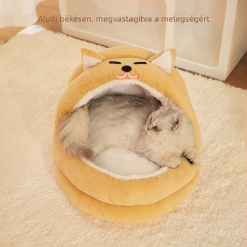 Fél-zárt macskafészek plüss téli meleggel, biztonságos fészek, levehető és mosható, minden évszakra alkalmas