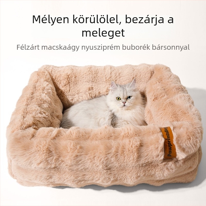 Macskafészek nyusziszőrrel és buborékos velúrral, puha fél-nyitott matrac a négy évszak melegítéséhez és légáteresztéshez
