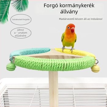 Fából készült papagáj-játék forgó kerékkel és állvánnyal