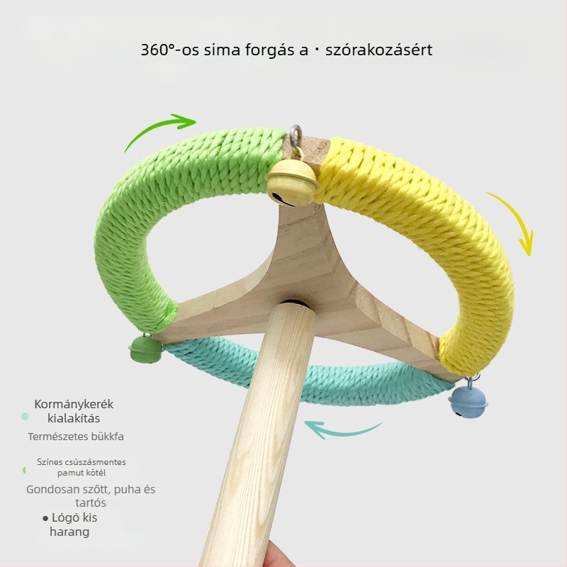 Fából készült papagáj-játék forgó kerékkel és állvánnyal