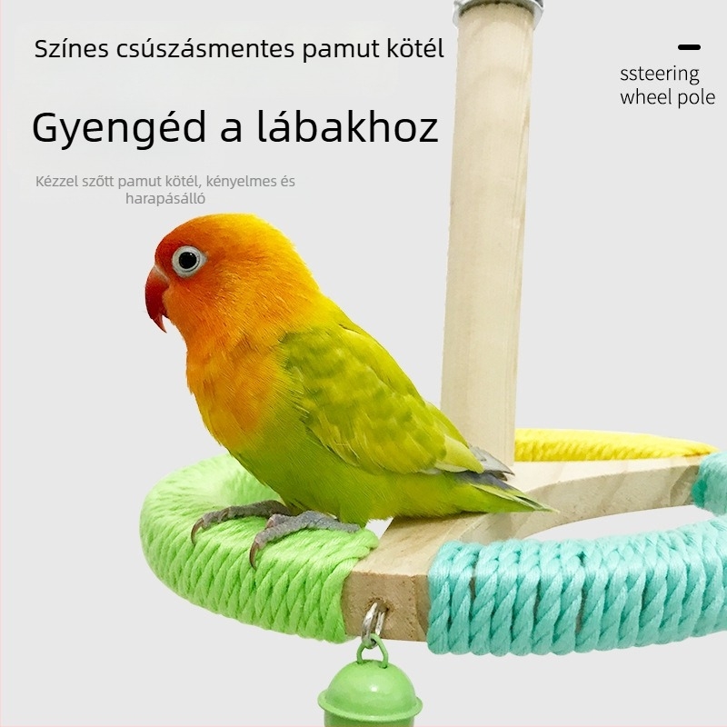 Fából készült papagáj-játék forgó kerékkel és állvánnyal