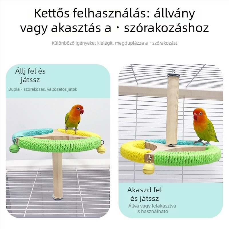 Fából készült papagáj-játék forgó kerékkel és állvánnyal