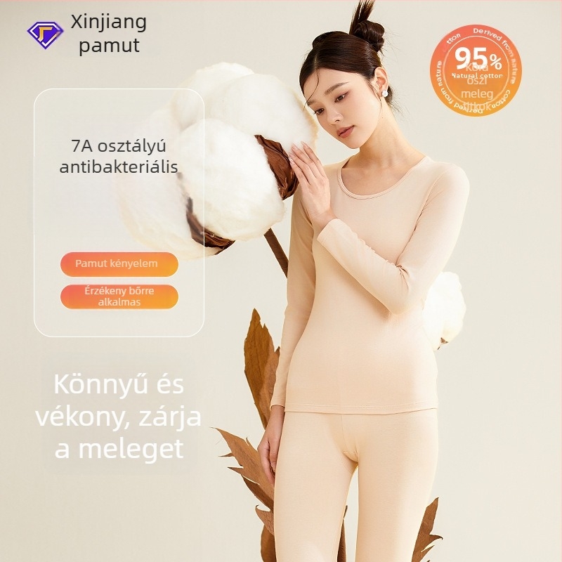 Női őszi termikus ruházati készlet, 95% pamut, 7A antibakteriális, kerek nyakú pulóver és melegítő nadrág