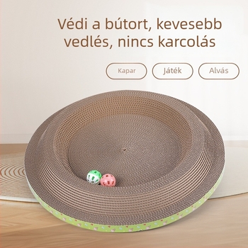 Kétoldalas macska karmolódeszka fészekkel, vastag hullámkartonból, integrált játékkal és karmoló felülettel