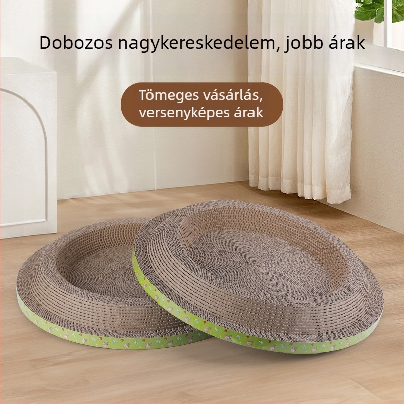 Kétoldalas macska karmolódeszka fészekkel, vastag hullámkartonból, integrált játékkal és karmoló felülettel