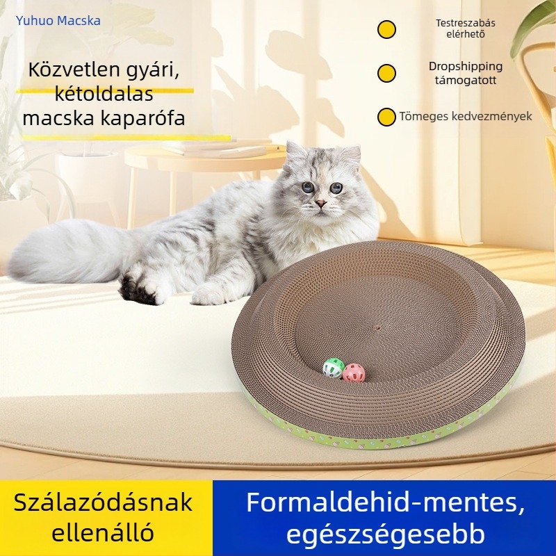 Kétoldalas macska karmolódeszka fészekkel, vastag hullámkartonból, integrált játékkal és karmoló felülettel