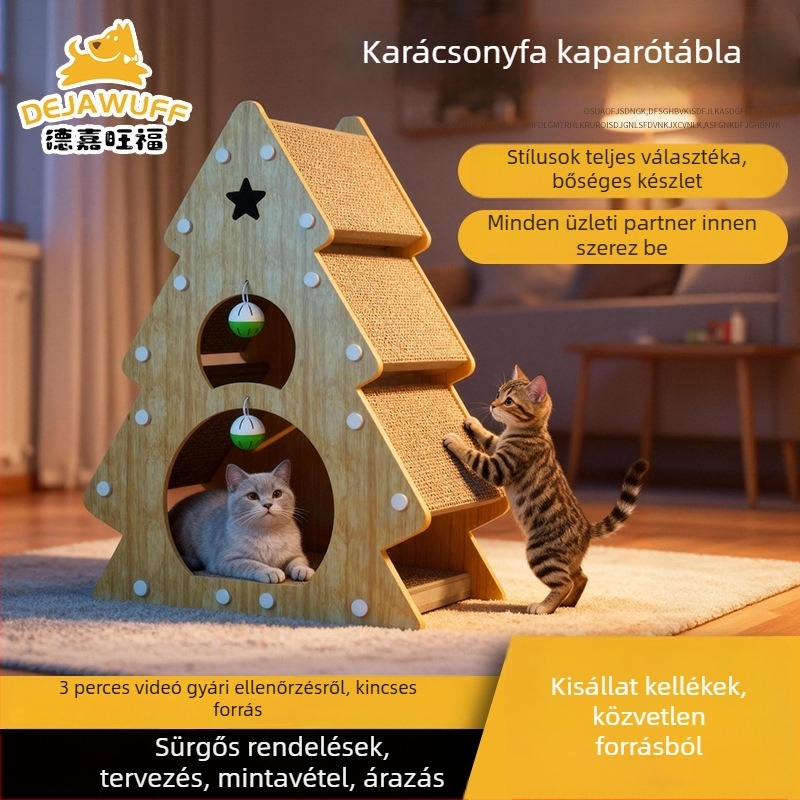 Karácsonyfa alakú macskakapargató deszka hullámpapírból, macskafészek, kopásálló, morzsamentes, egész éves használatra