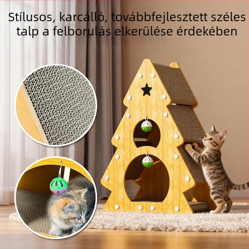 Karácsonyfa alakú macskakapargató deszka hullámpapírból, macskafészek, kopásálló, morzsamentes, egész éves használatra