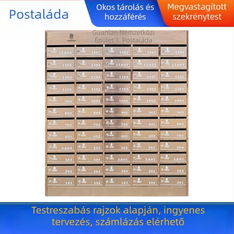 Rozsdamentes acélból készült falra szerelhető postaláda, beltéri és kültéri használatra, több szintű, több rekesszel és ajtóval, villastílusú